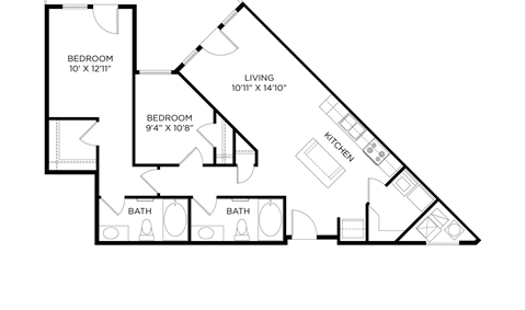 Floor plan for 2 beds, 2 baths, 990 sqft